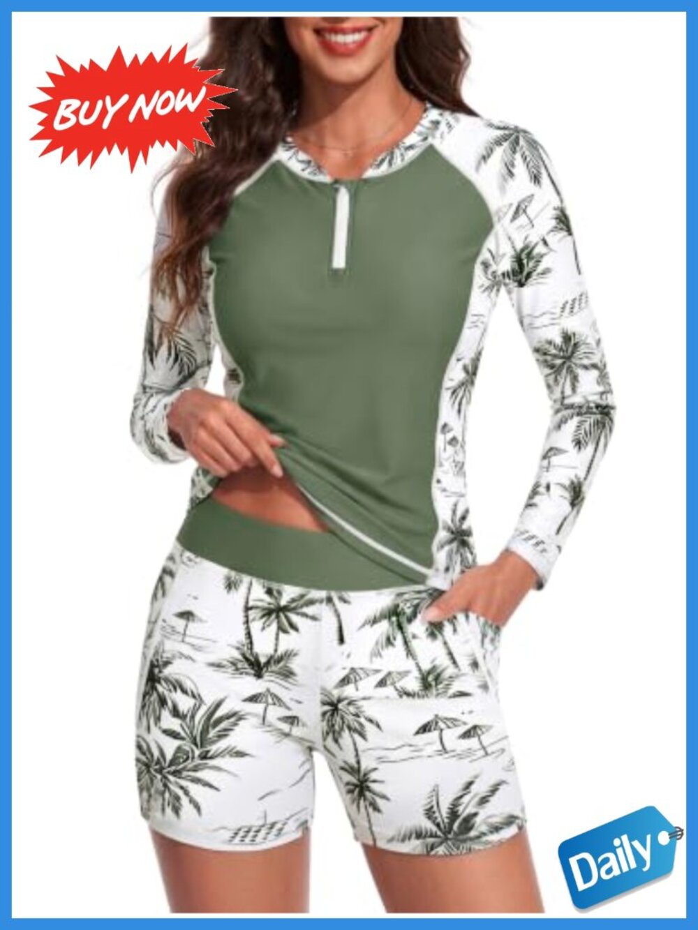 Long Sleeve Rash Guard Set Zip Two Piece Swimsuit with Short UPF 50+